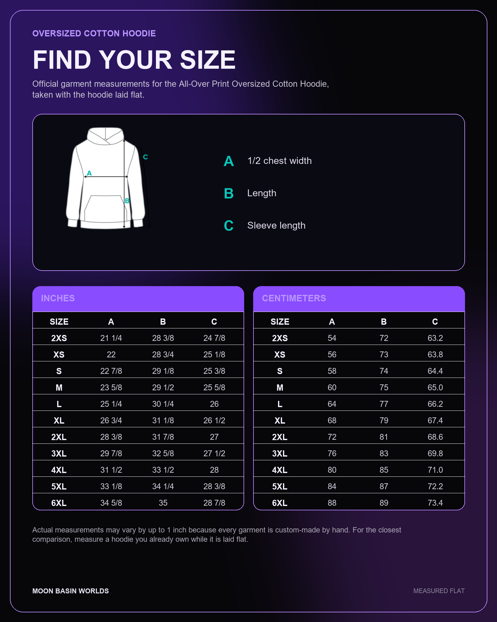Moon Basin Worlds size guide, oversized cotton hoodie, measurements 2XS to 6XL in inches and centimetres, measured flat