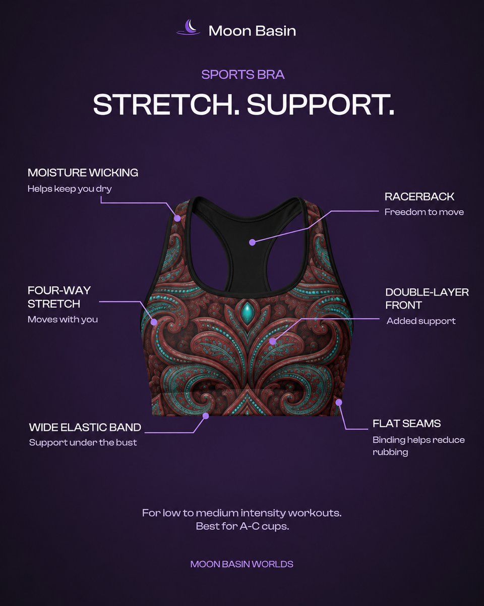 Moon Basin Worlds sports bra feature card: moisture wicking, racerback, four-way stretch, double-layer front, wide elastic band, flat seams