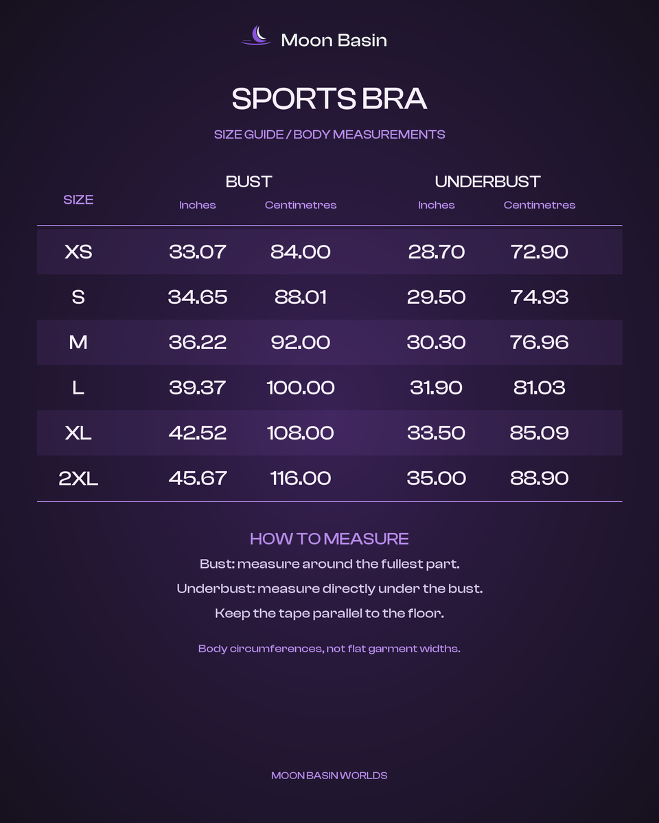 Moon Basin Worlds size guide, sports bra, bust and underbust body measurements XS to 2XL in inches and centimetres