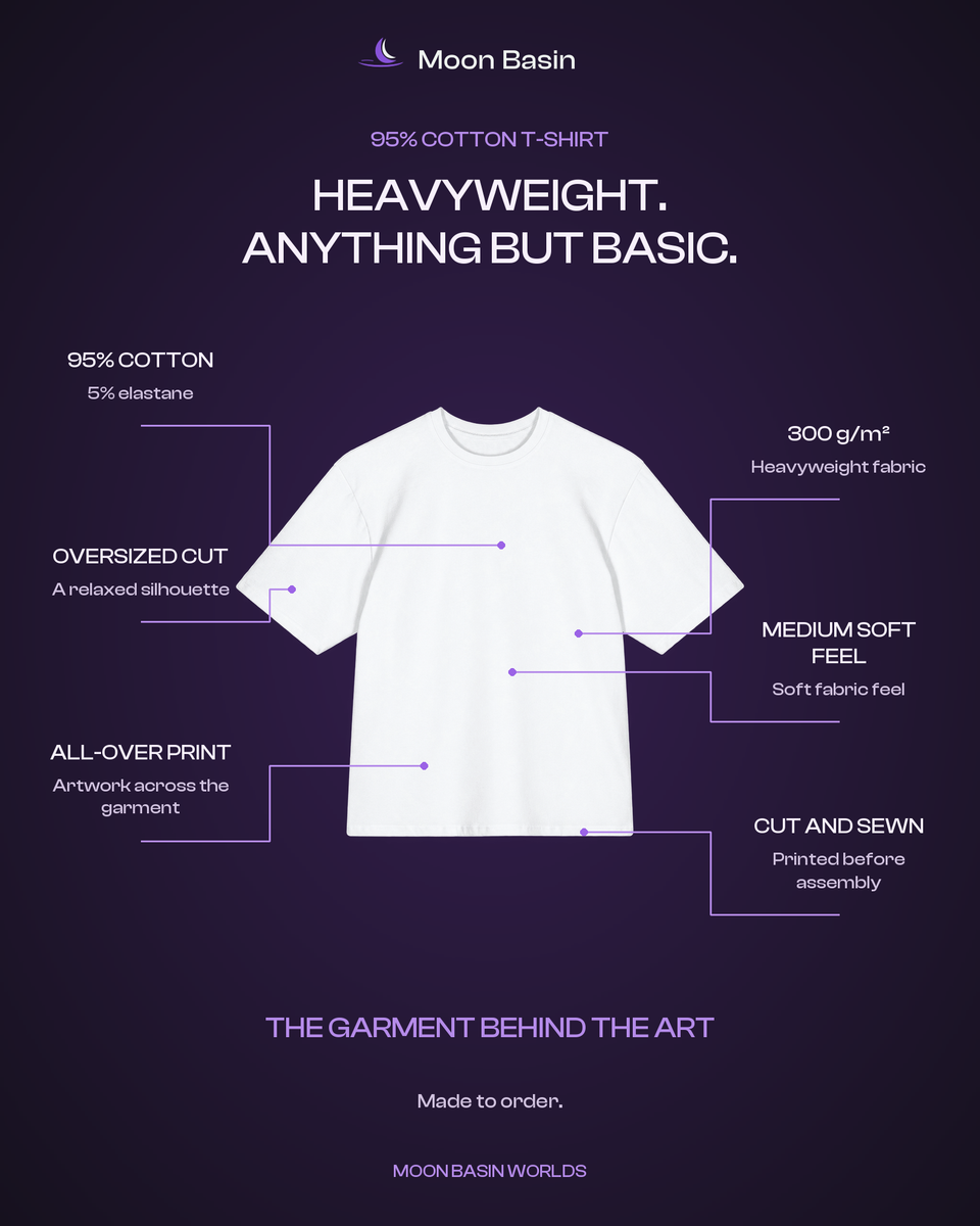Moon Basin Worlds oversized tee feature card: 95% cotton, 5% elastane, 300 g/m2 heavyweight fabric, oversized cut, all-over print, cut and sewn