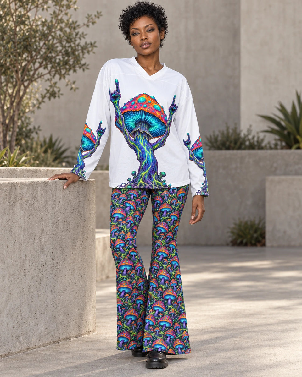 Matching outfit: Full-length model wearing Mushroom Rocker flare leggings styled with Mushroom Rocker Hockey Jersey.
