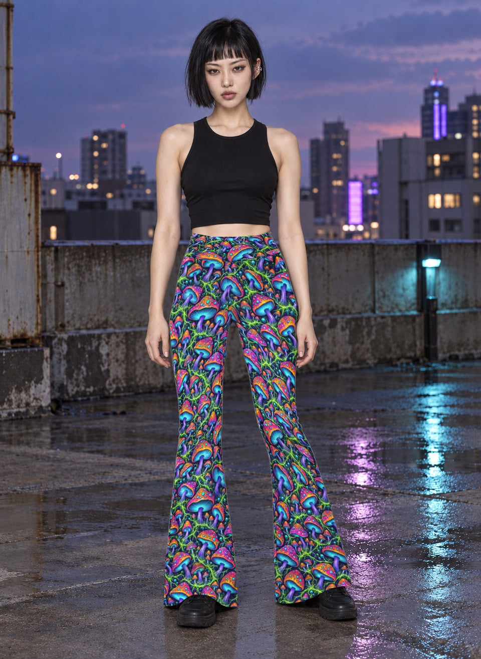 Mushroom Rocker Terrain Flare Leggings, worn on model, front