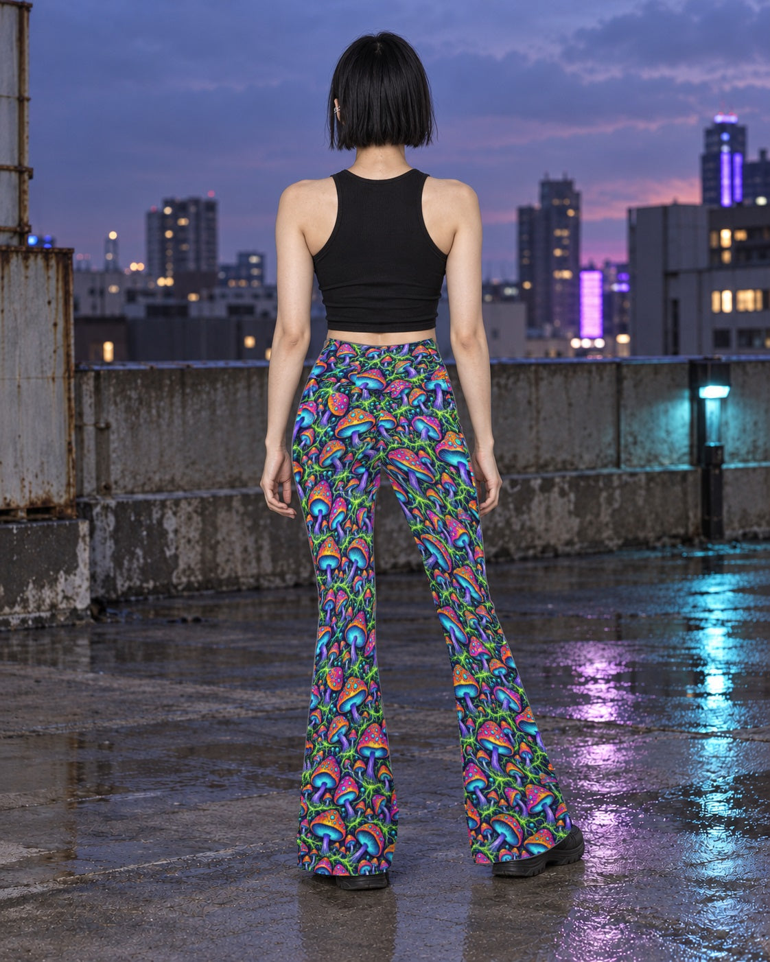 Mushroom Rocker Terrain Flare Leggings, worn on model, back