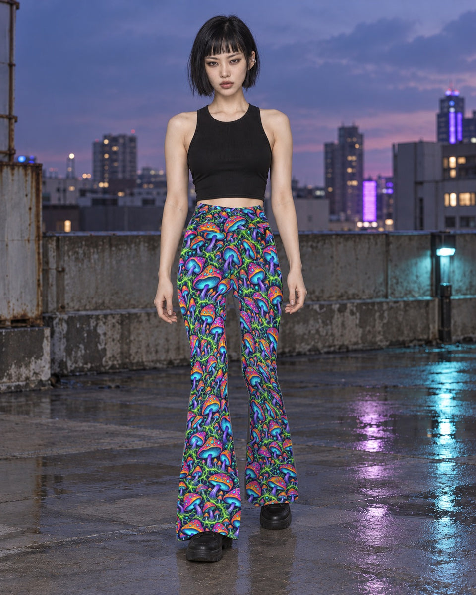Mushroom Rocker Terrain Flare Leggings, worn on model, in motion