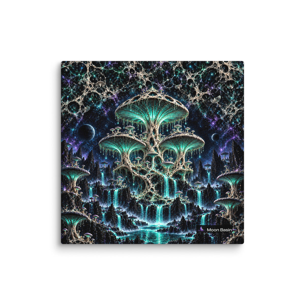 Mycelium Cathedral canvas print, 10 by 10 inch, on a white wall
