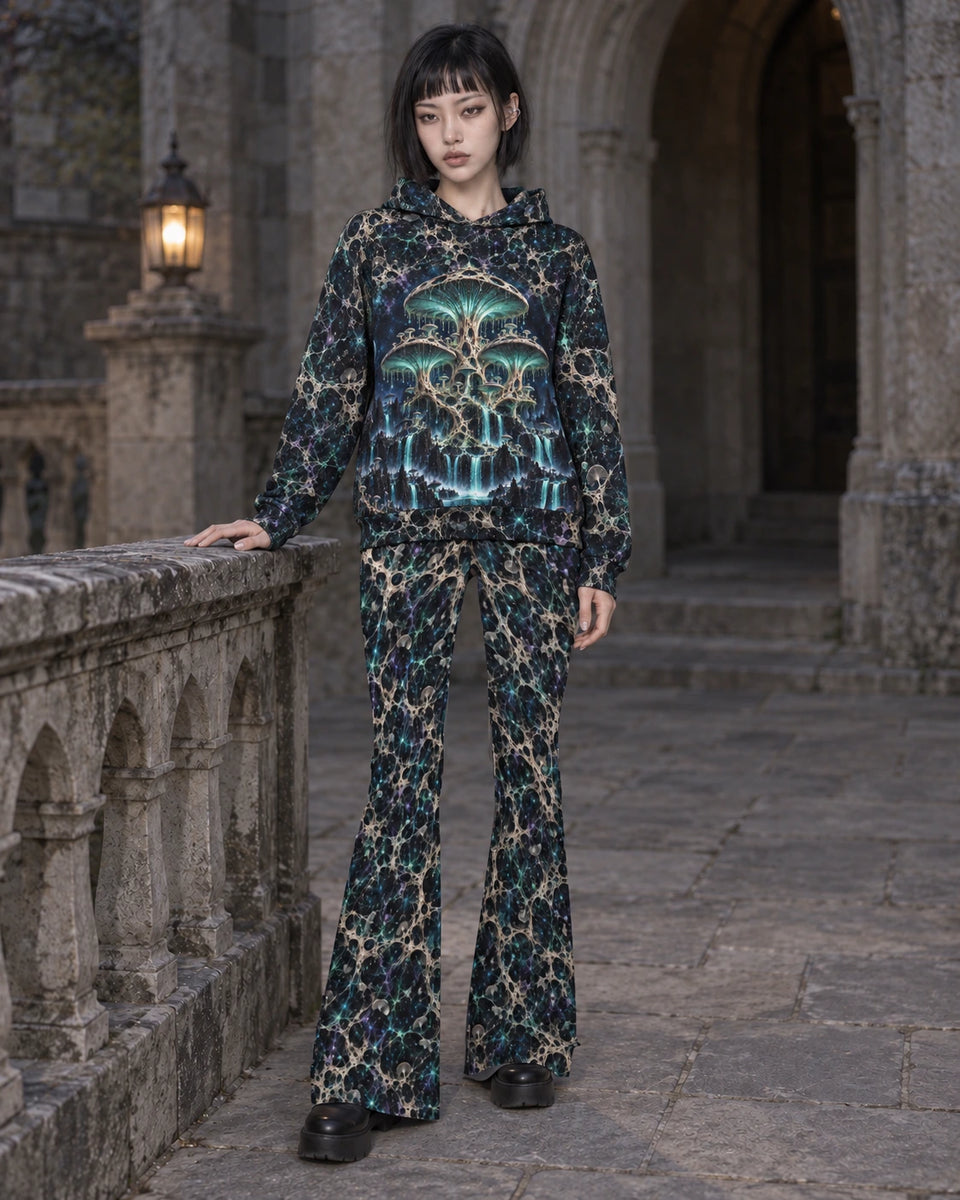 Matching outfit: Full-length model wearing Mycelium Cathedral Web flare leggings styled with Mycelium Cathedral Hoodie.