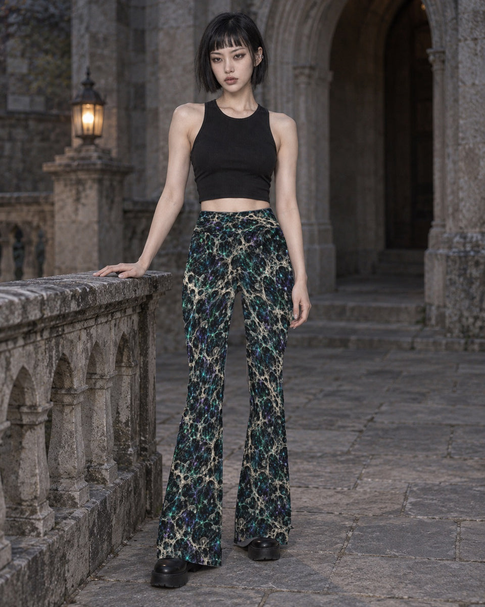 Mycelium Cathedral Web Terrain Flare Leggings, worn on model, front