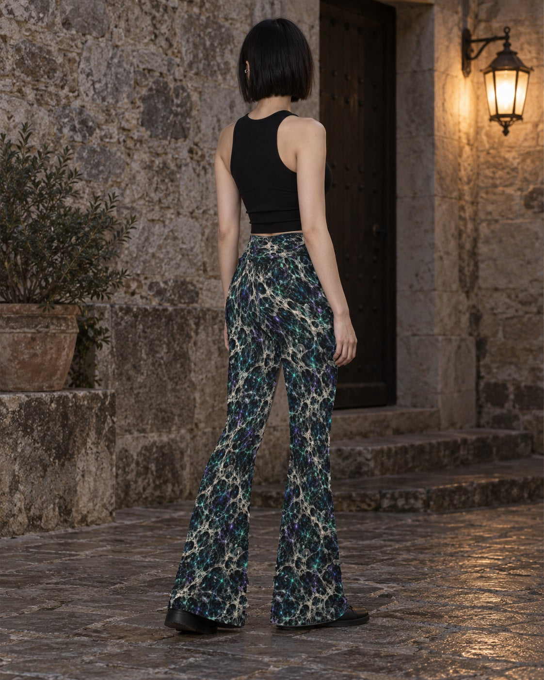 Mycelium Cathedral Web Terrain Flare Leggings, worn on model, back
