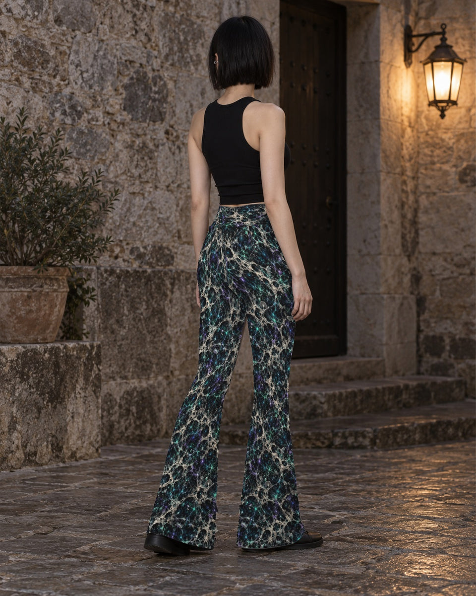 Mycelium Cathedral Web Terrain Flare Leggings, worn on model, back