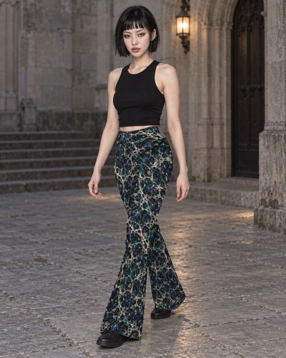 Mycelium Cathedral Web Terrain Flare Leggings, worn on model, in motion