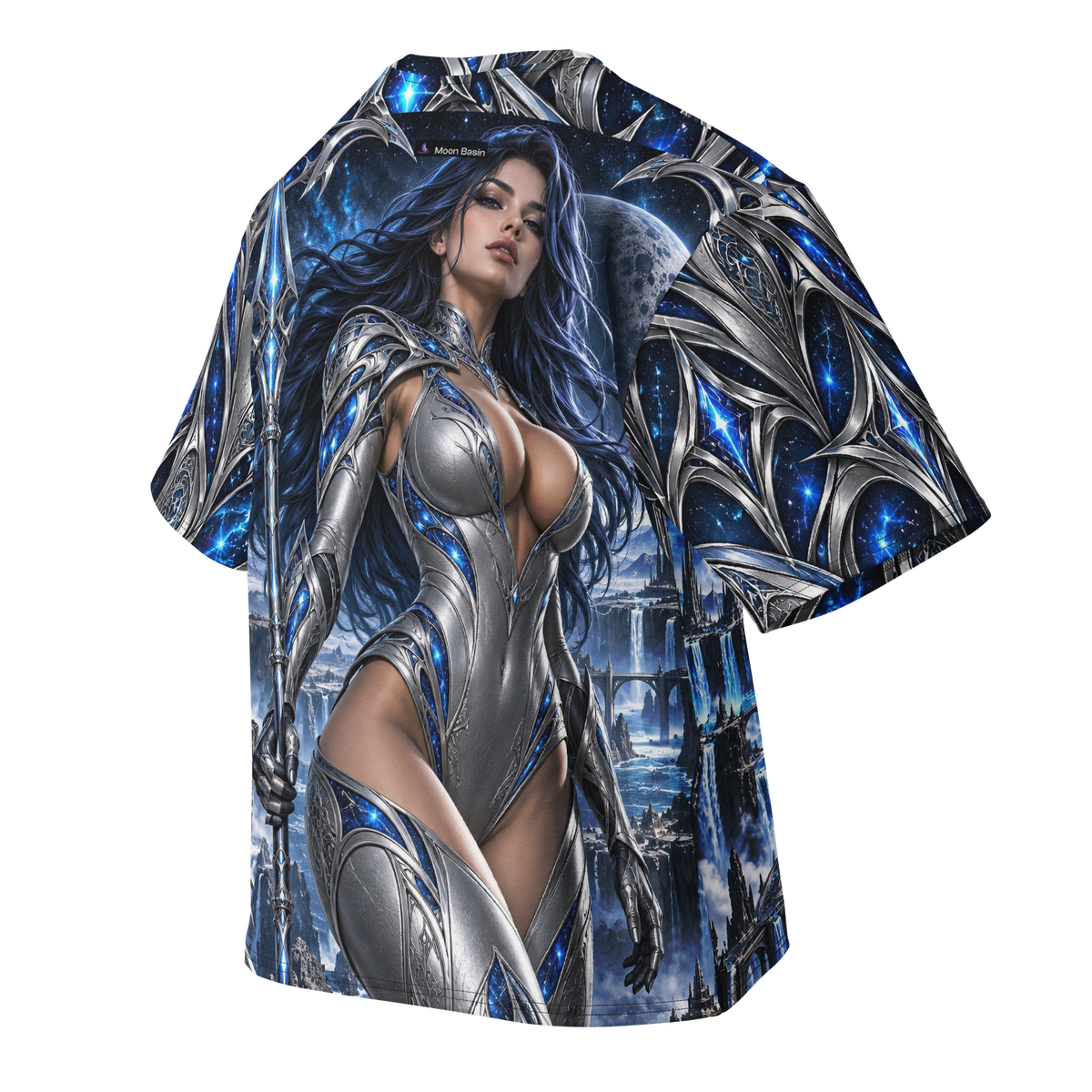 Nebula Huntress all-over print oversized tee, back with Moon Basin nape mark