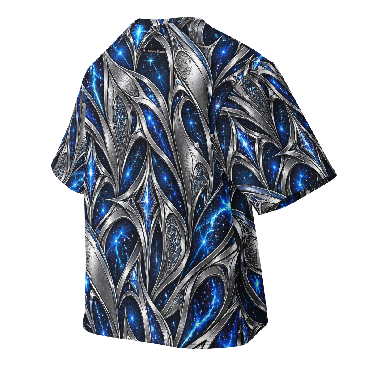 Nebula Huntress Terrain all-over print oversized tee, back with Moon Basin nape mark