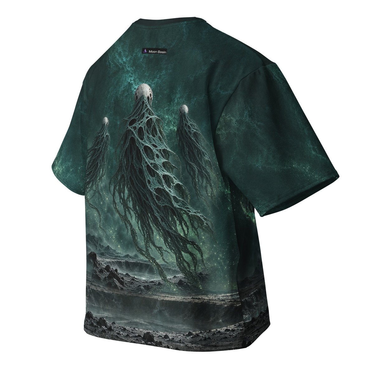 Night Choir all-over print oversized tee, back with Moon Basin nape mark