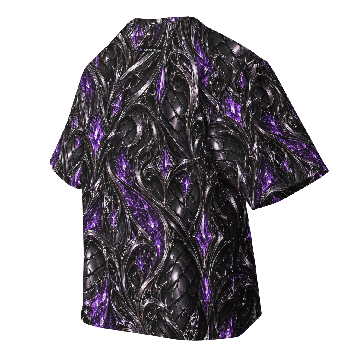 Obsidian Empress Terrain all-over print oversized tee, back with Moon Basin nape mark