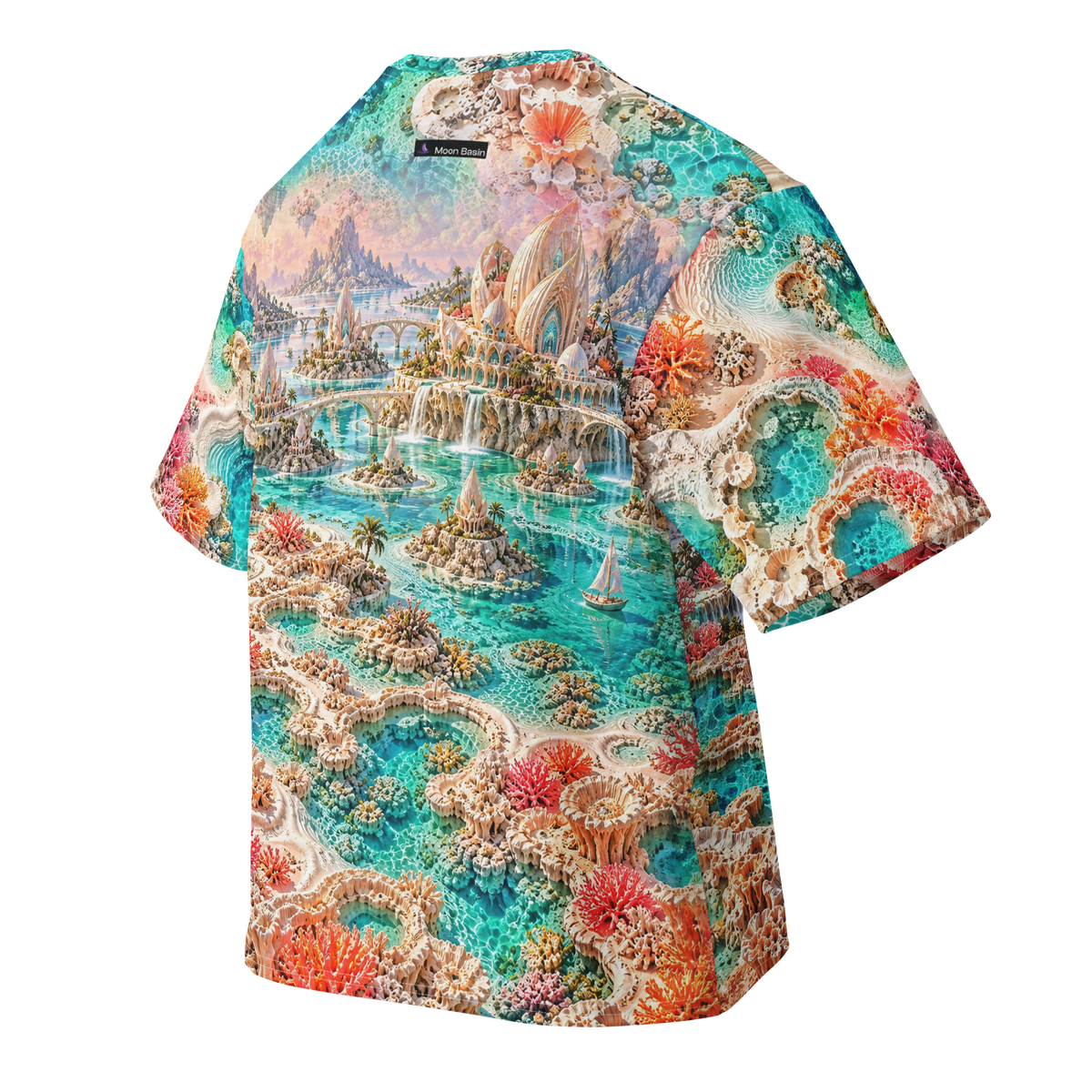 Opal Tidal Realm all-over print oversized tee, back with Moon Basin nape mark