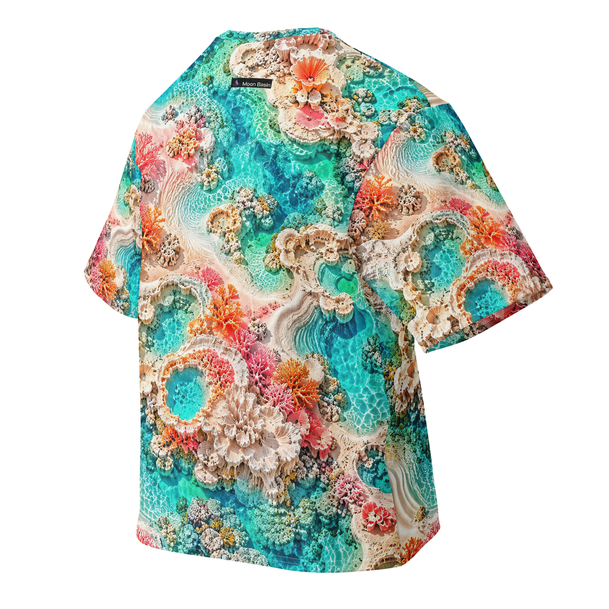Opal Tidal Realm Terrain all-over print oversized tee, back with Moon Basin nape mark