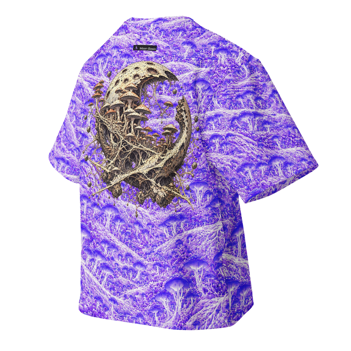 Orbital Mycelium all-over print oversized tee, back with Moon Basin nape mark