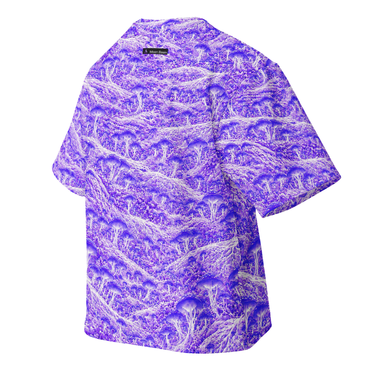 Orbital Mycelium Terrain all-over print oversized tee, back with Moon Basin nape mark