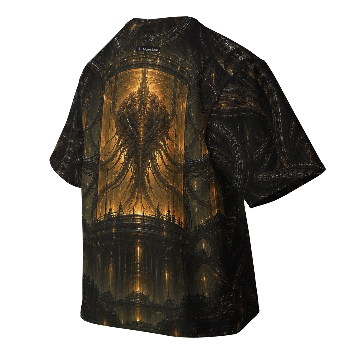 Organ Farm all-over print oversized tee, back with Moon Basin nape mark
