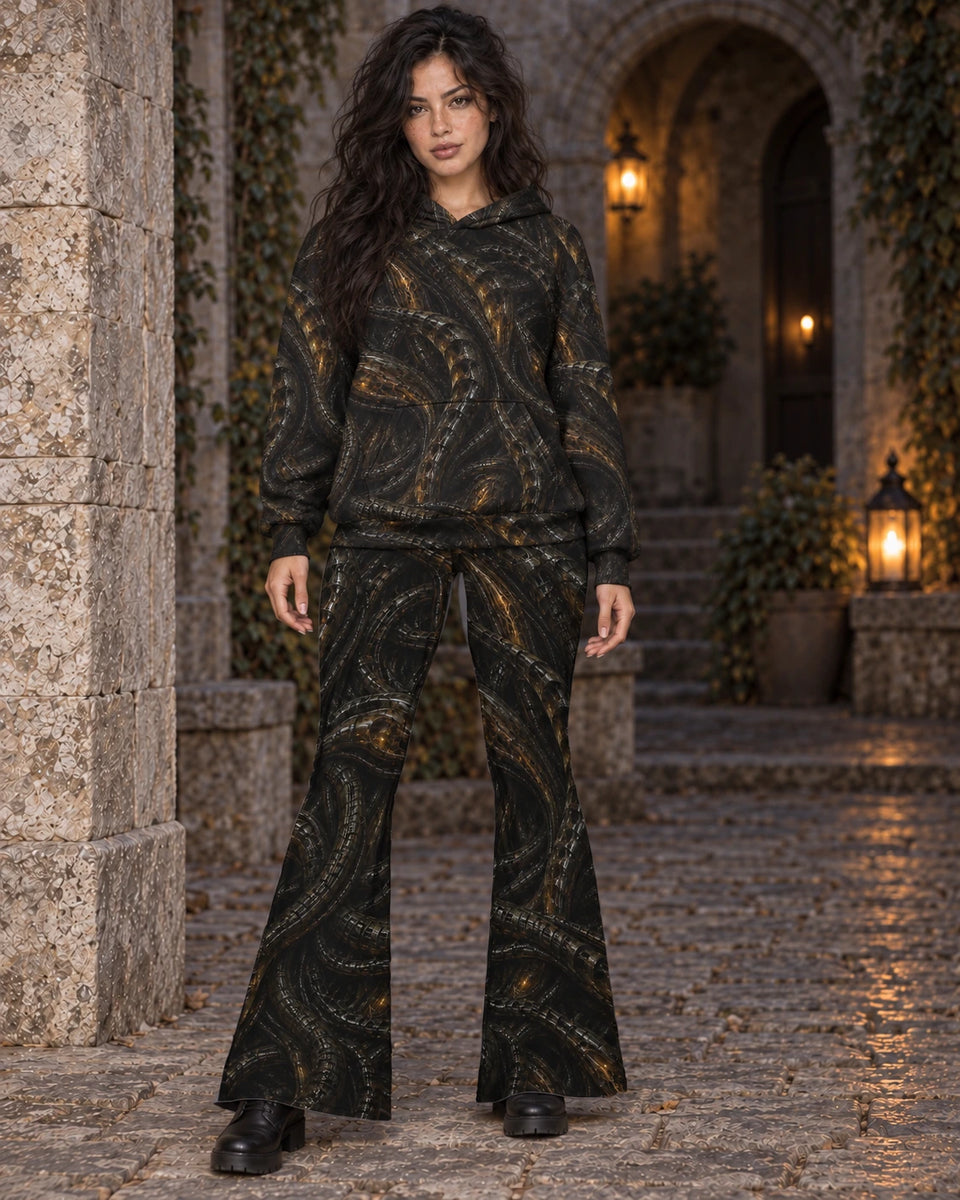 Matching outfit: Full-length model wearing Organ Farm flare leggings styled with Organ Farm Terrain Hoodie.