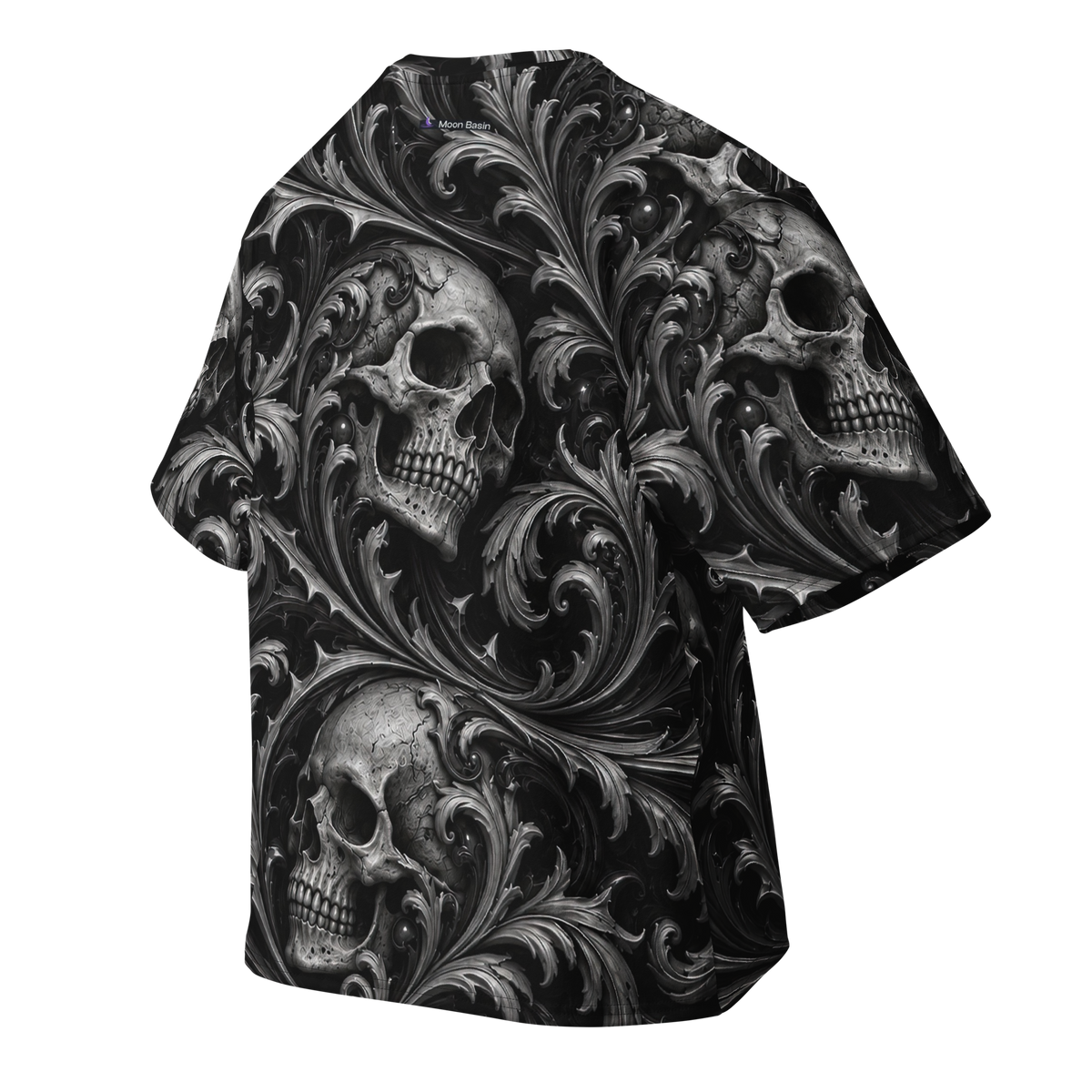 Ossuary Scroll Black Terrain all-over print oversized tee, back with Moon Basin nape mark