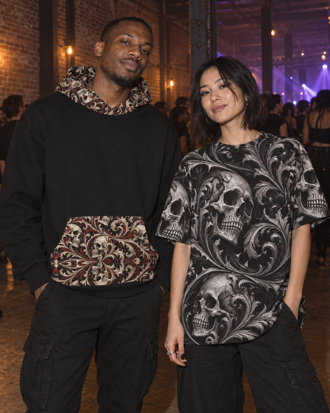 Ossuary Scroll Black Terrain Hoodie, oversized hoodie worn at a night event (AI lifestyle visualization)