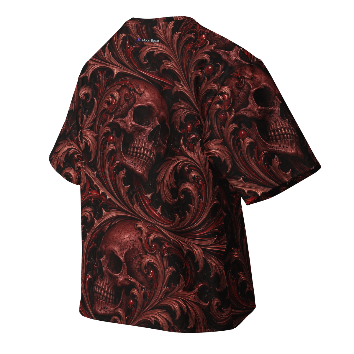 Ossuary Scroll Oxblood Terrain all-over print oversized tee, back with Moon Basin nape mark