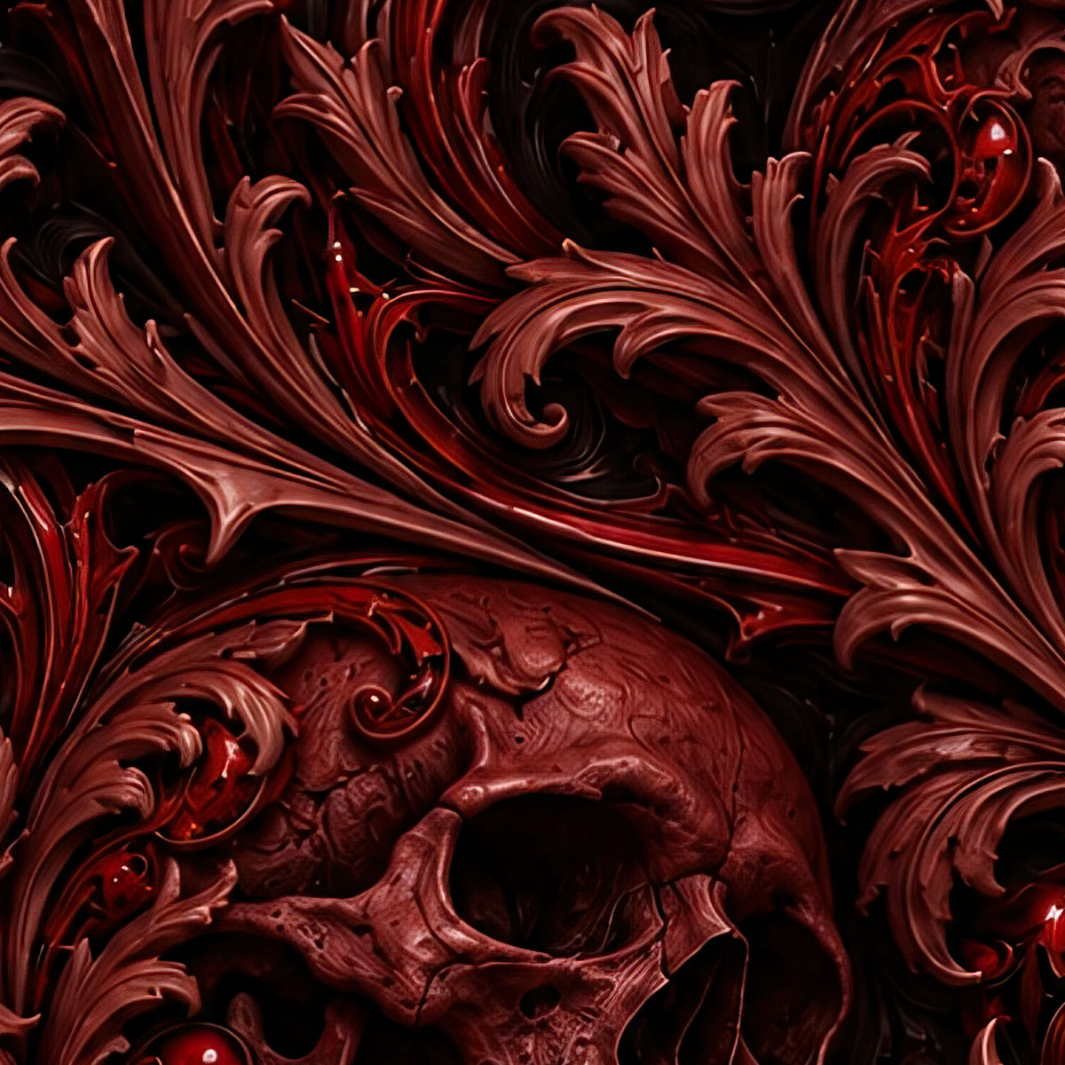 Ossuary Scroll Oxblood Terrain all-over print oversized tee fabric close-up