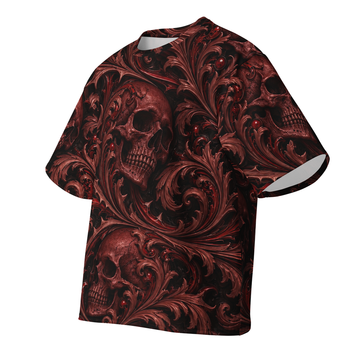 Ossuary Scroll Oxblood Terrain all-over print oversized tee, front