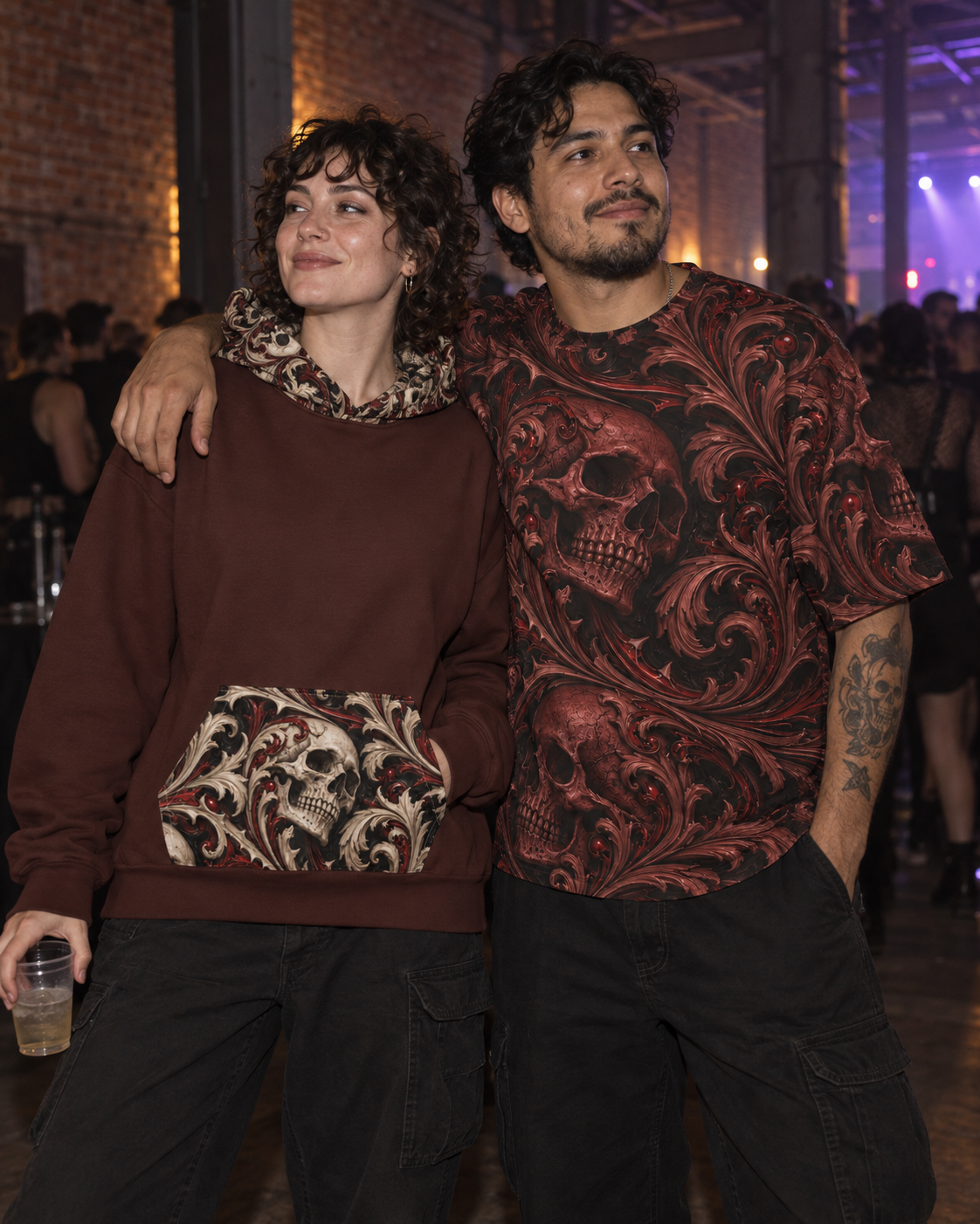 Ossuary Scroll Oxblood Terrain Hoodie, oversized hoodie worn at a night event (AI lifestyle visualization)