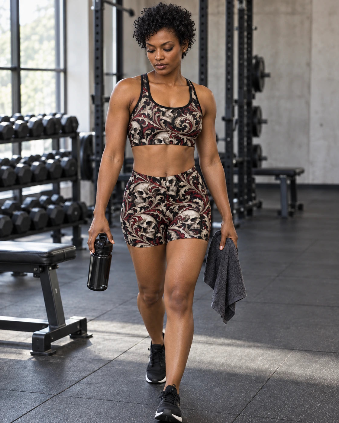 Ossuary Scroll Terrain Shorts, worn on model, front, matching outfit with Ossuary Scroll Terrain Sports Bra