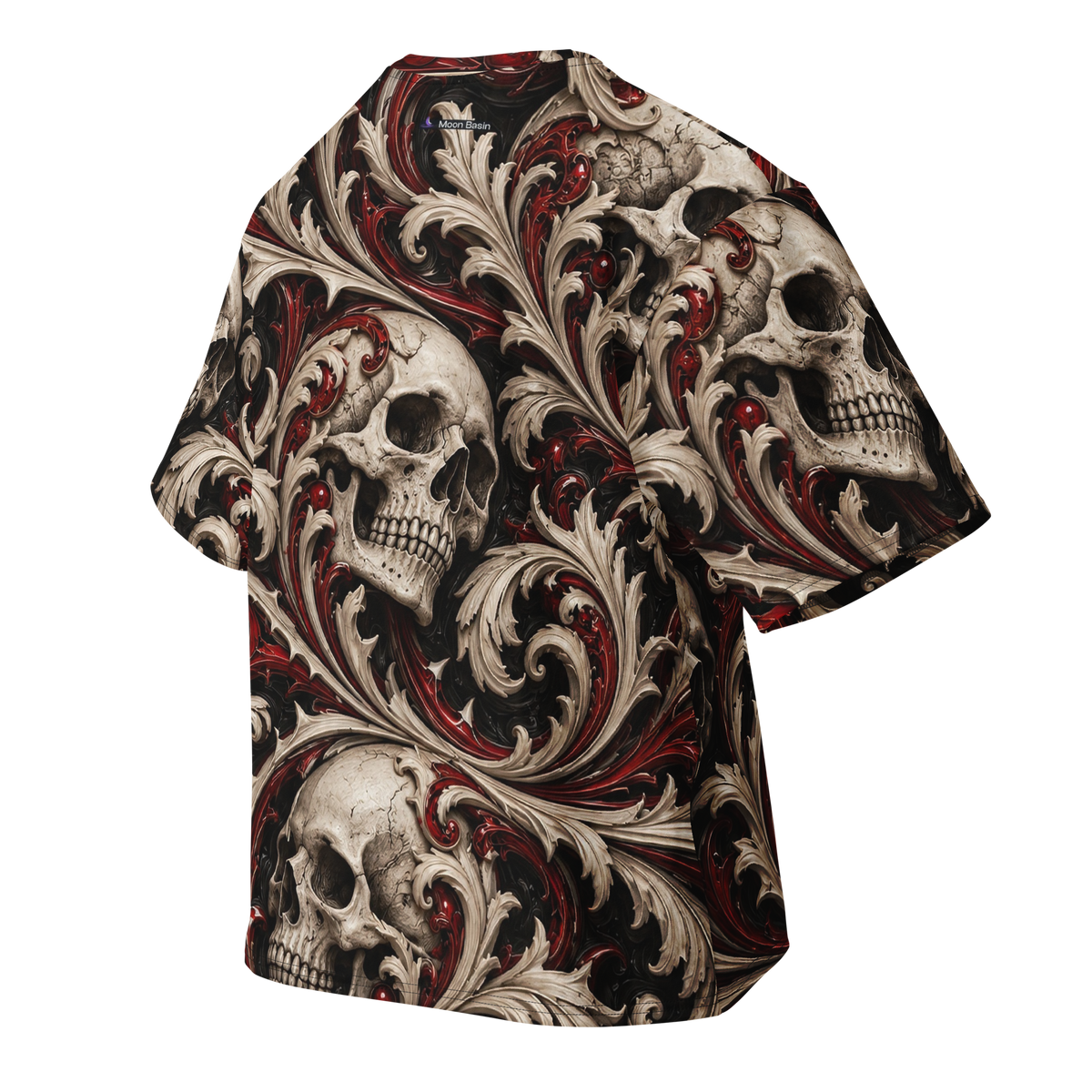 Ossuary Scroll Terrain all-over print oversized tee, back with Moon Basin nape mark