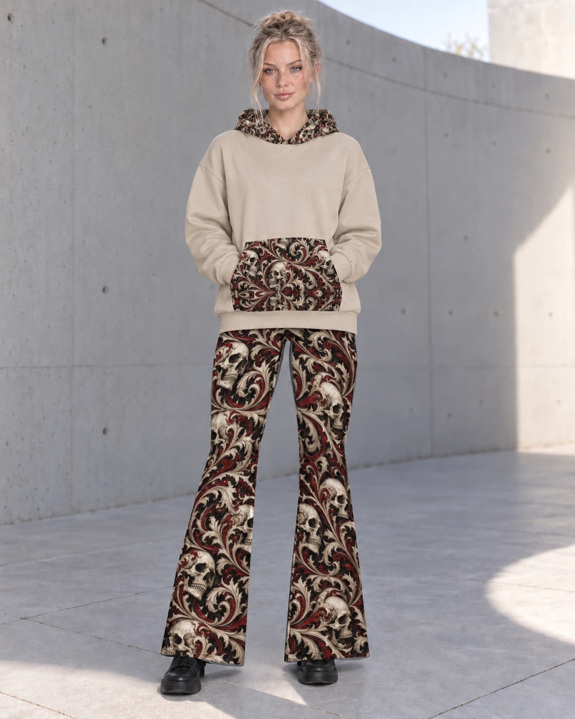 Matching outfit: Full-length model wearing Ossuary Scroll flare leggings styled with Ossuary Scroll Terrain Hoodie.
