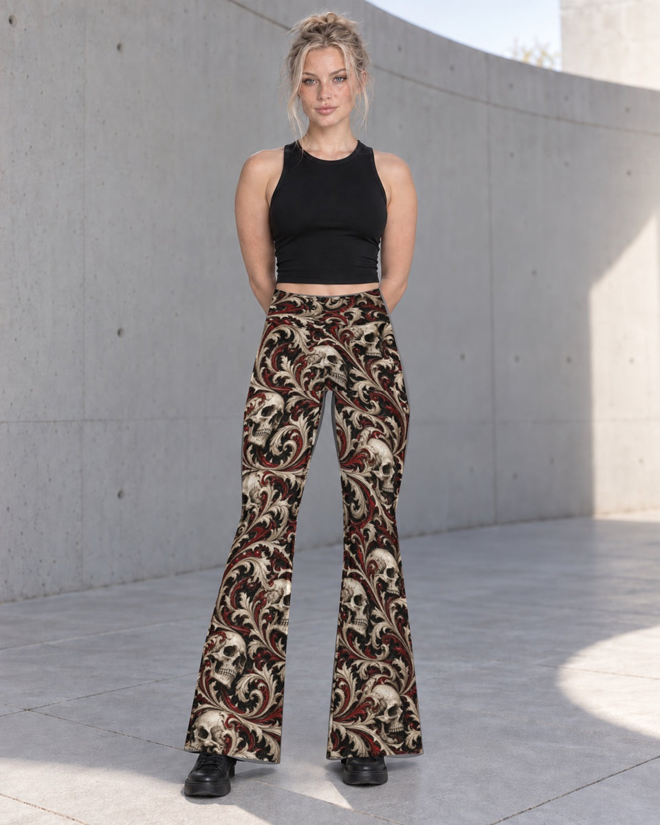 Ossuary Scroll Terrain Flare Leggings, worn on model, front