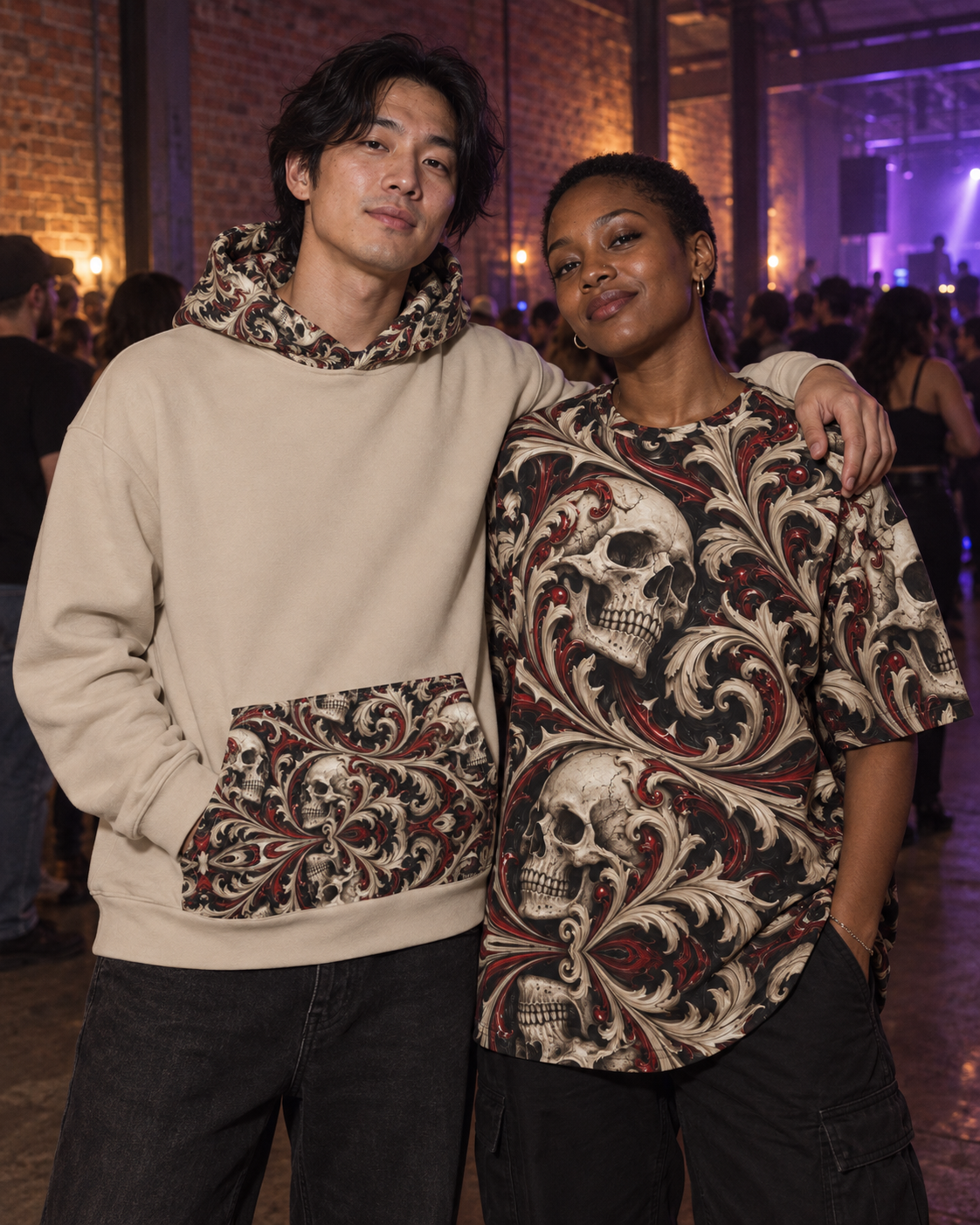 Ossuary Scroll Terrain, oversized tee worn at a night event (AI lifestyle visualization)