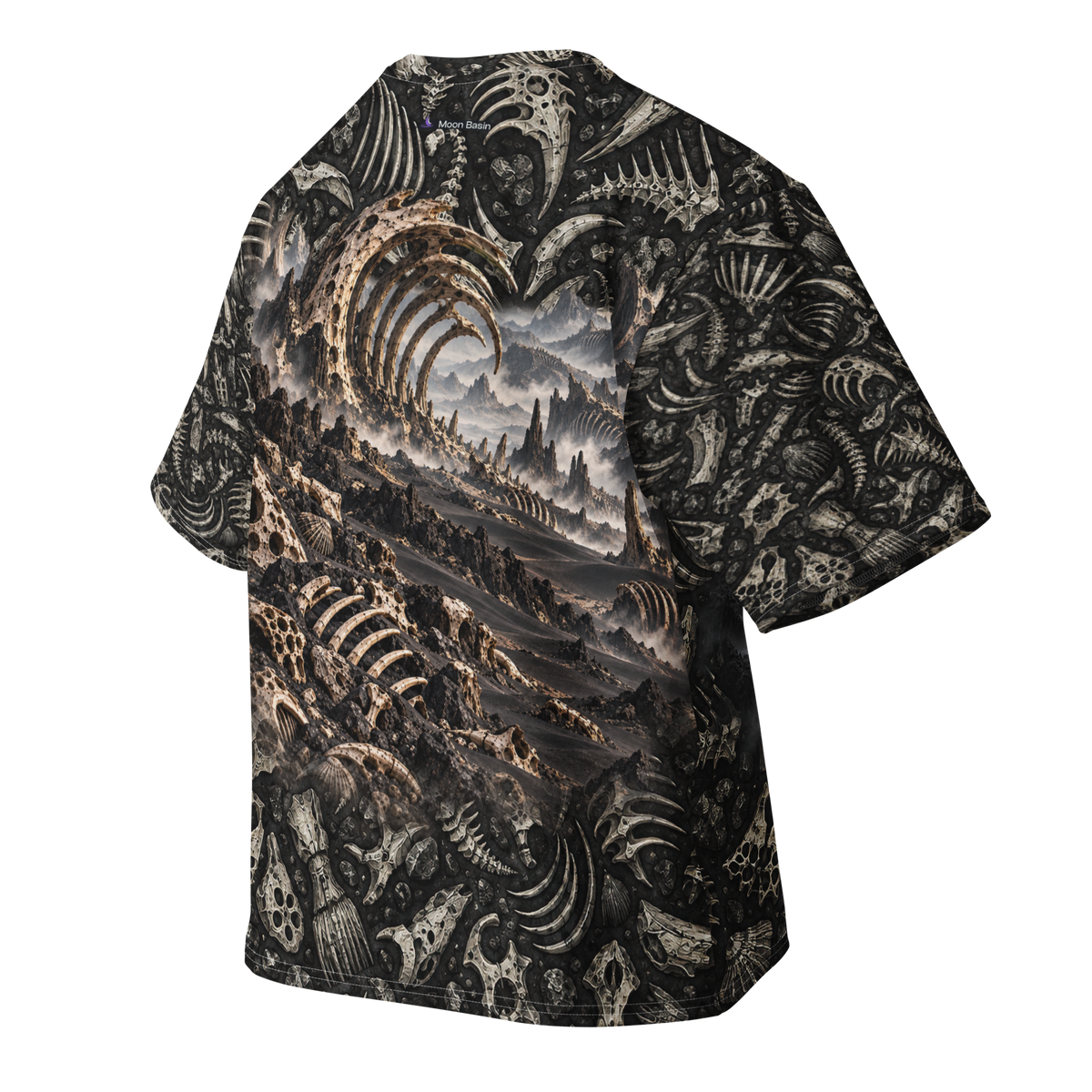 Ossuary Static all-over print oversized tee, back ghost view with Moon Basin mark at the nape