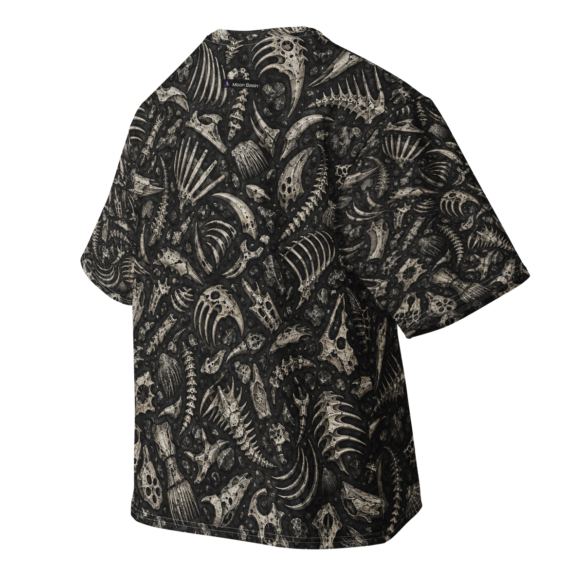 Ossuary Static Terrain all-over print oversized tee, back with Moon Basin nape mark