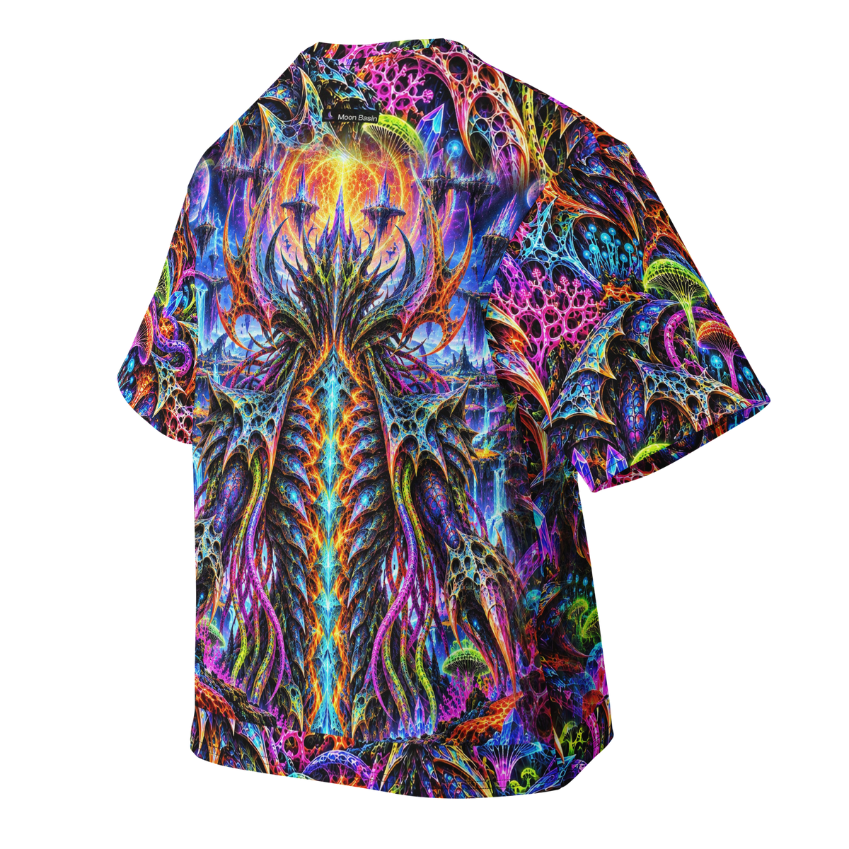 Prismatic Overlord all-over print oversized tee, back with Moon Basin nape mark