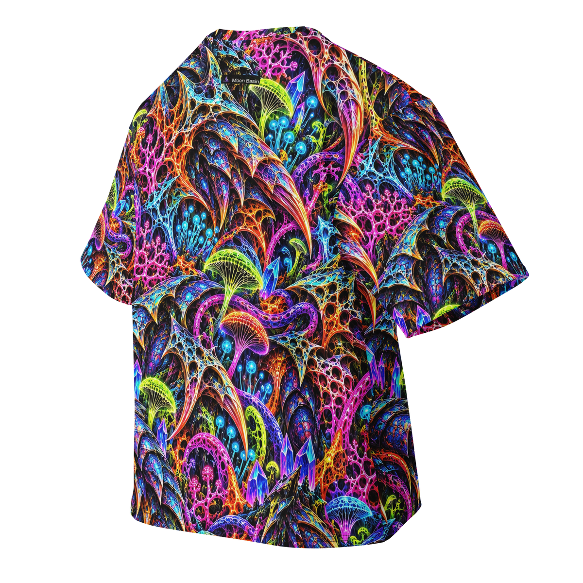 Prismatic Overlord Terrain all-over print oversized tee, back with Moon Basin nape mark