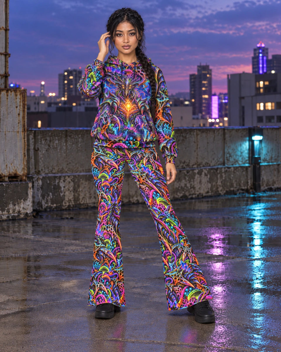Matching outfit: Full-length model wearing Prismatic Overlord flare leggings styled with Prismatic Overlord Hoodie.