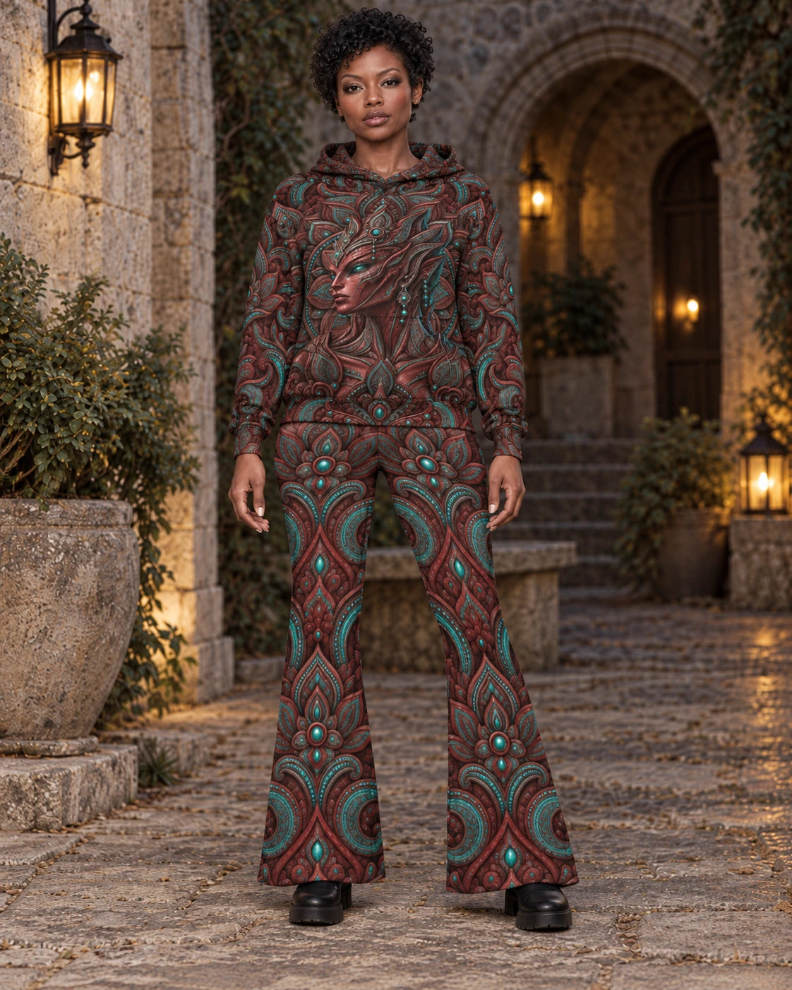 Matching outfit: Full-length model wearing Raina flare leggings styled with Raina Hoodie.