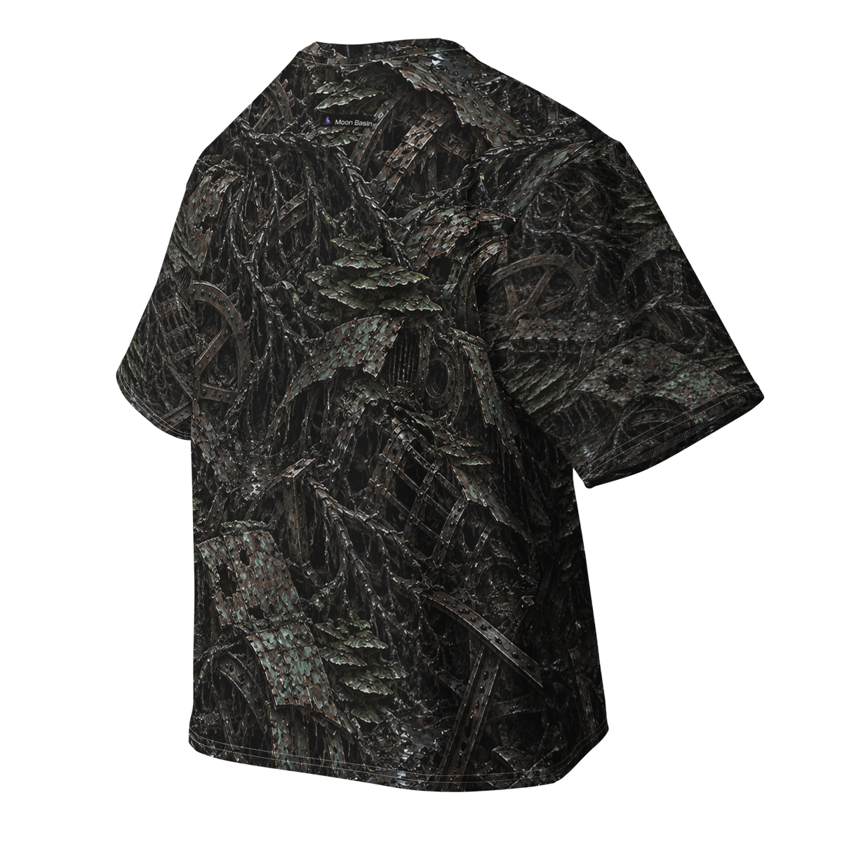 Rot and Iron Terrain all-over print oversized tee, back with Moon Basin nape mark