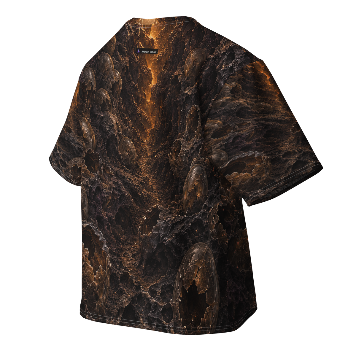 Silent Brood Terrain all-over print oversized tee, back with Moon Basin nape mark