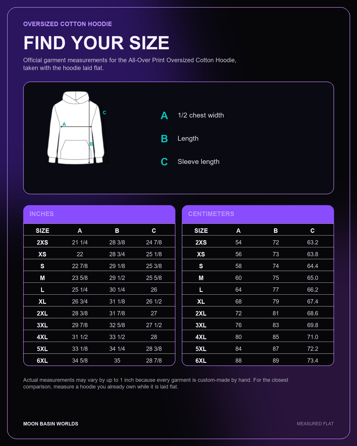 Moon Basin Worlds size guide, oversized cotton hoodie, measurements 2XS to 6XL in inches and centimetres, measured flat