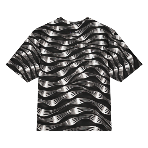 Skull Fork all over print oversized tee, back view, Moon Basin mark at the nape