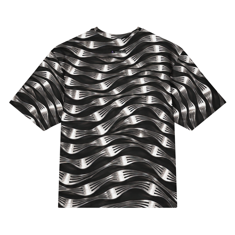 Skull Fork all over print oversized tee, back view, Moon Basin mark at the nape
