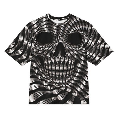 Skull Fork all over print oversized tee, front view