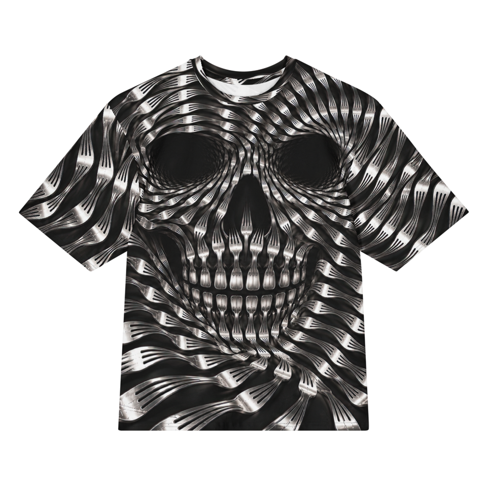 Skull Fork all over print oversized tee, front view