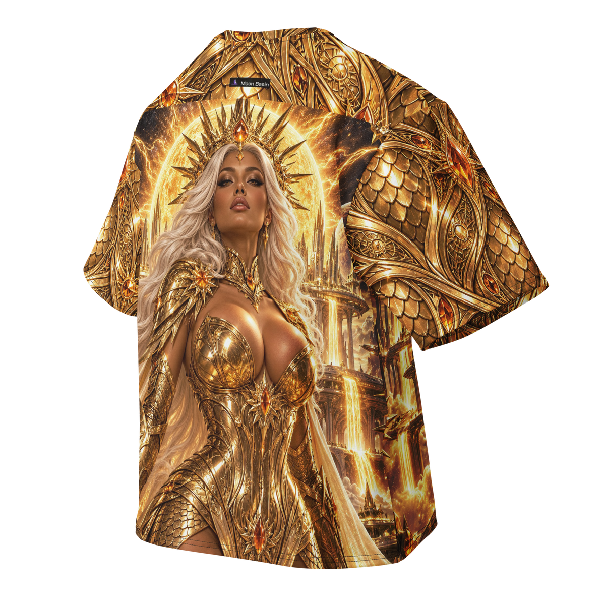 Solar Siren all-over print oversized tee, back with Moon Basin nape mark