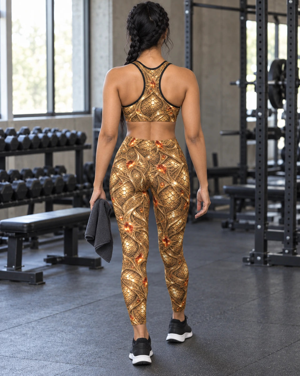 Solar Siren Terrain Sports Bra, modeled outfit, rear view, matching outfit with Solar Siren Terrain Leggings